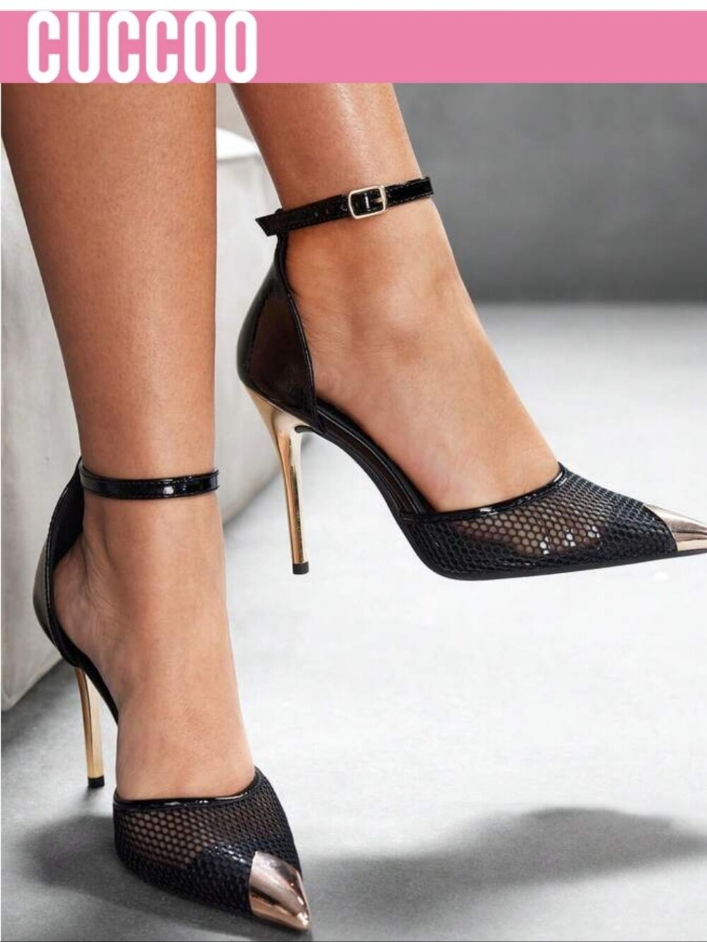 CUCCOO Black Mesh Pointed Toe Ankle-Strap Stiletto Heels